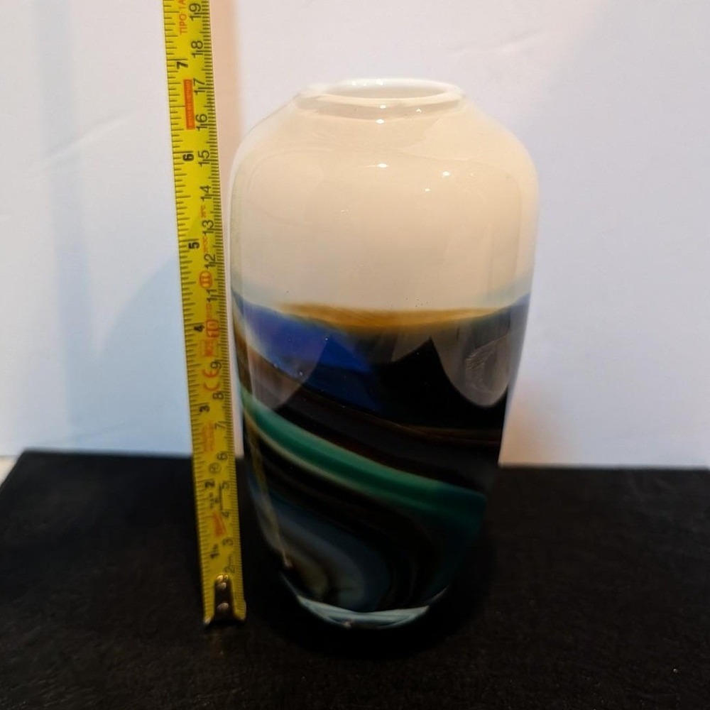 Vintage 1981 Signed R Stephens Studio Art Glass Vase Abstract Landscape Decor 7" - Picture 12 of 12